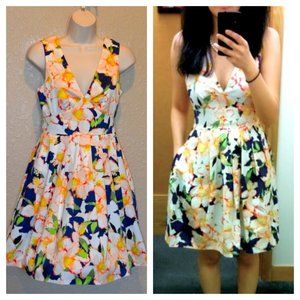 Sz 00 J Crew Blue Sateen V-Neck Floral Fit and Flare Dress with Pockets